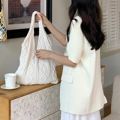 Women's retro crochet shoulder bag in hollow-knitted polyester with double straps, shown in khaki colour