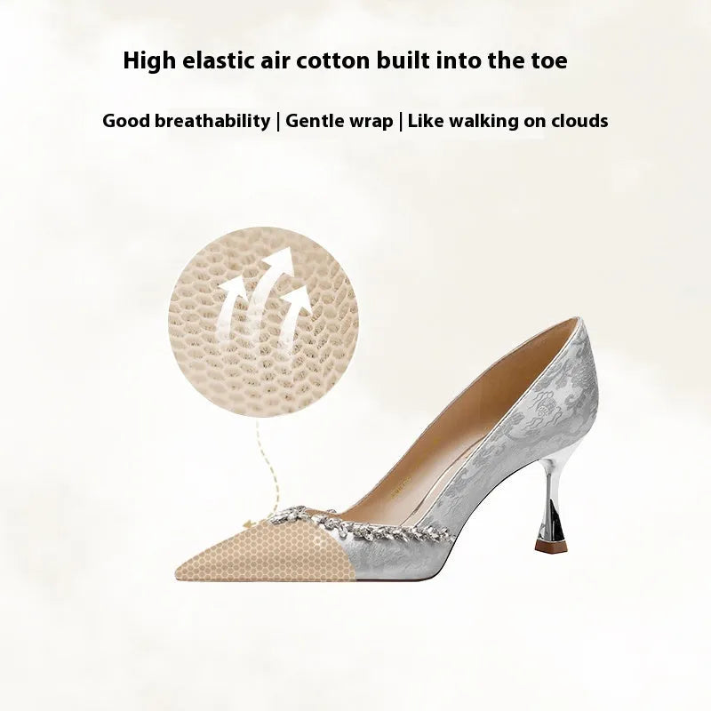 Chinese style satin wedding high heels with rhinestone detailing in champagne, green or silver