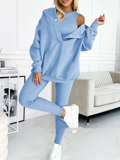 Women's 3-piece sports suit with hooded sweatshirt, vest, and slim trousers in various colours