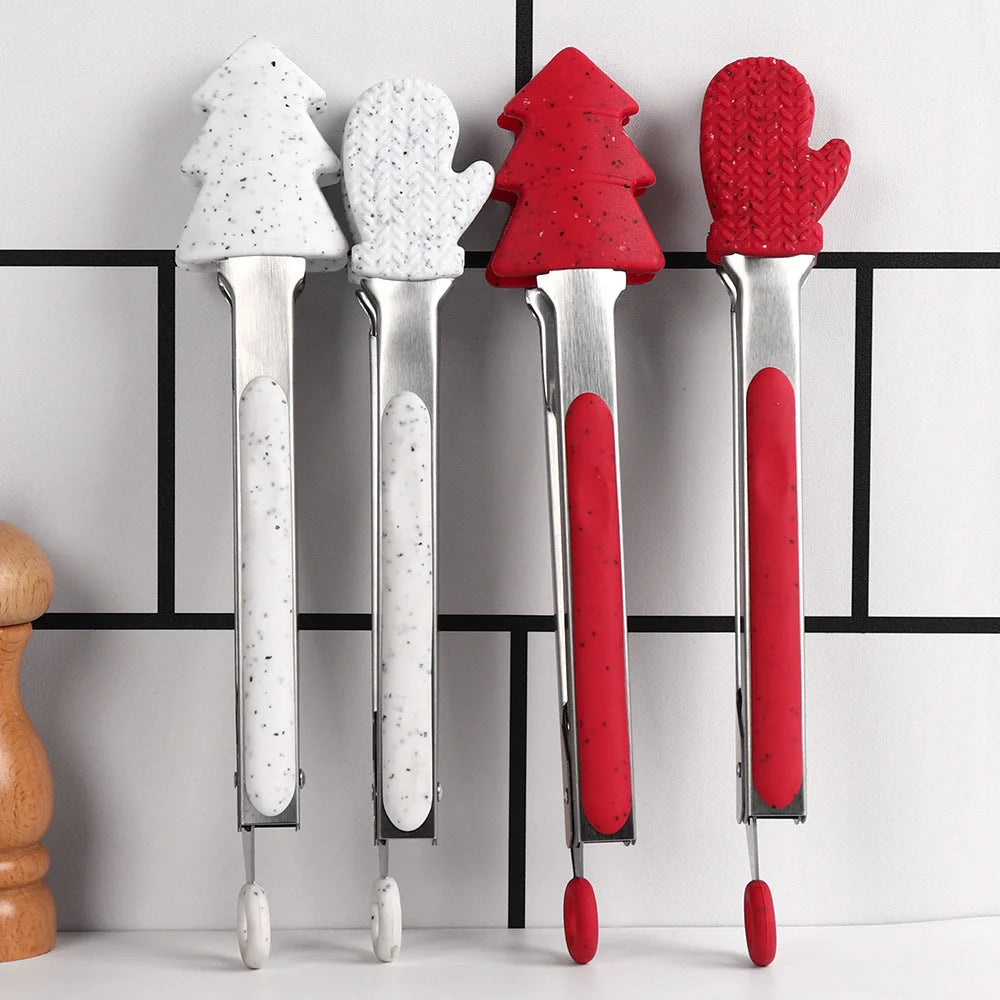 Christmas-themed silicone kitchen tongs with locking clip for bread and BBQ