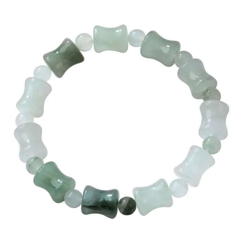 Simple Korean-style bracelet with natural chalcedony and coconut shell beads on an elastic string, showing the diamond-shaped safety lock.