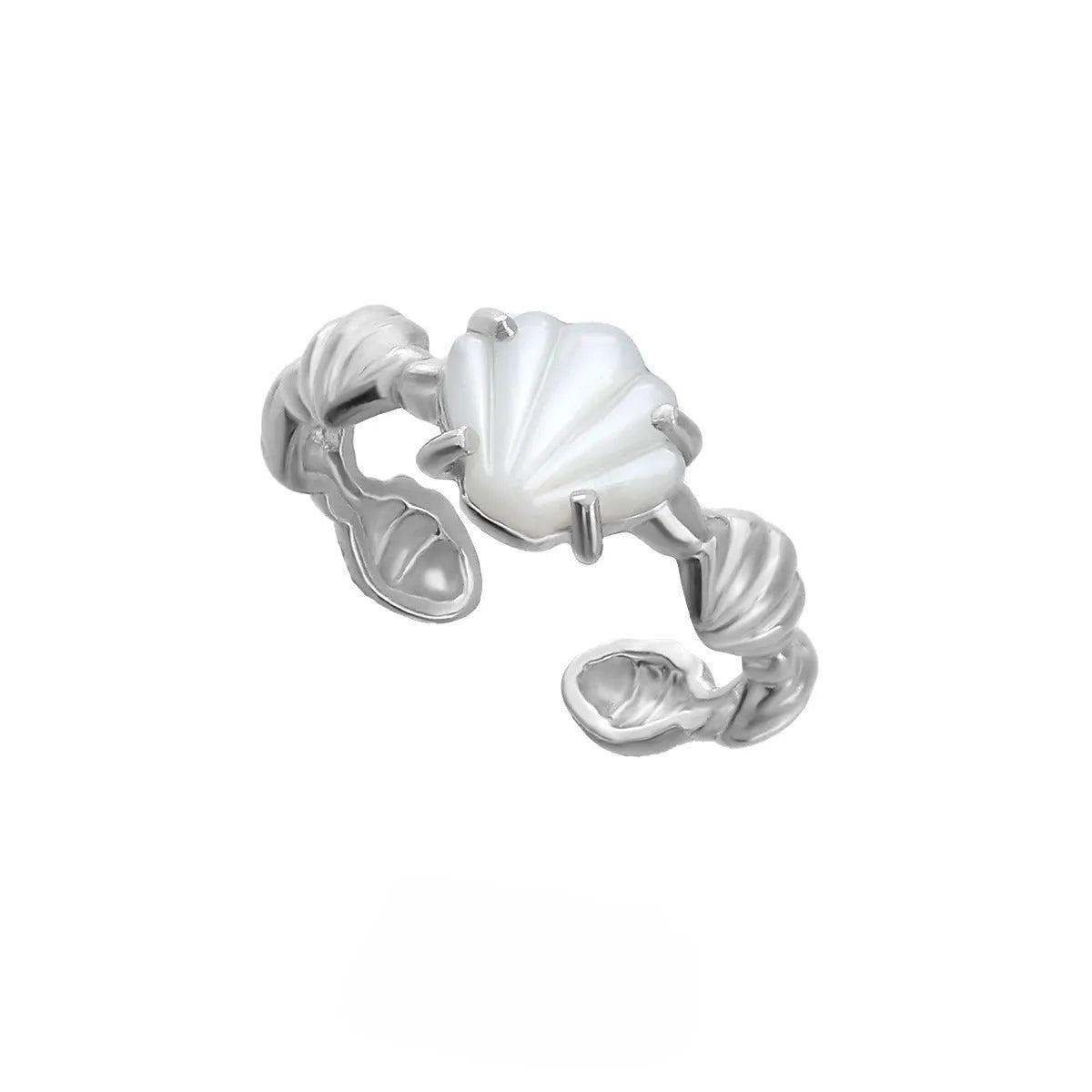 Adjustable silver ring with tiger eye stone centrepiece and shell design in electroplated finish