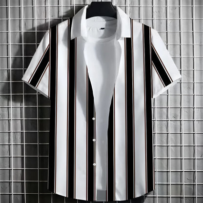 Men's linen short sleeve T-shirt with 3D printing and striped pattern in multiple colour options