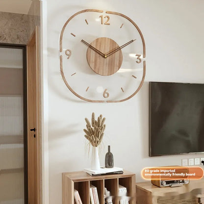 Transparent wooden frame wall clock with modern design in 35cm square size