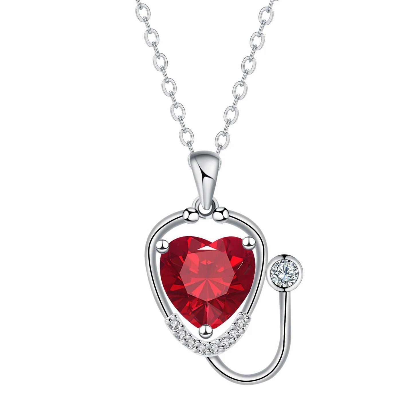 Women's fashion necklace with wings cross stethoscope pendant in red diamond colour