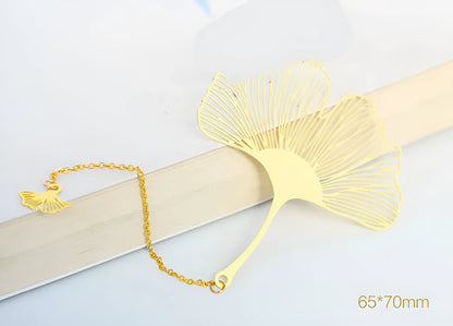 Brass metal bookmark with hollow plating leaf design and rose gold tassel decoration