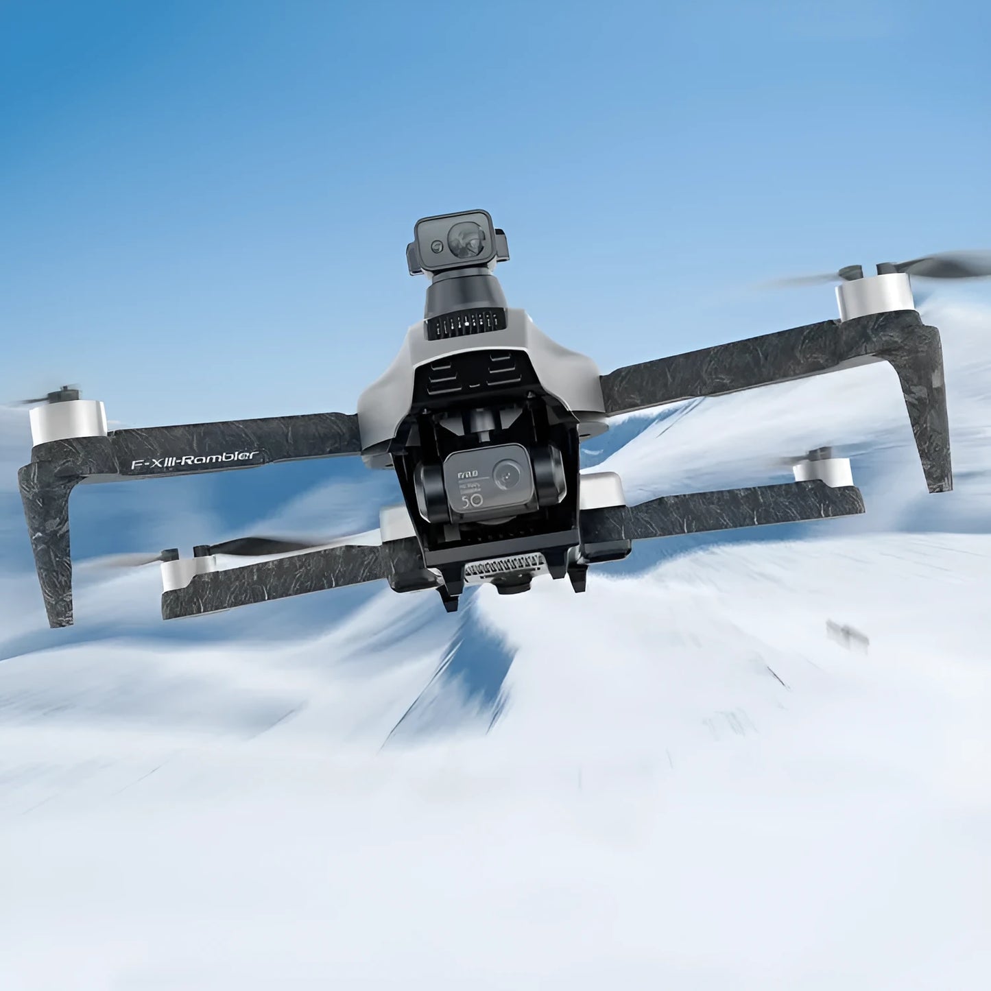 White folding quadcopter drone with camera and obstacle avoidance sensors, remote control, and shoulder bag.
