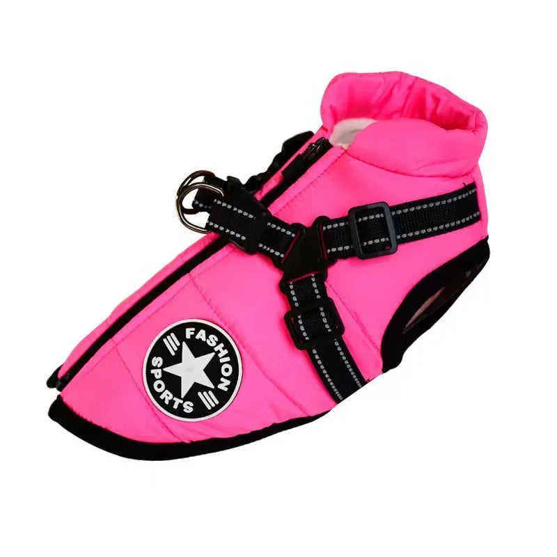 Red waterproof dog coat with built-in harness on a large dog, showing warm lining and sizing for winter.