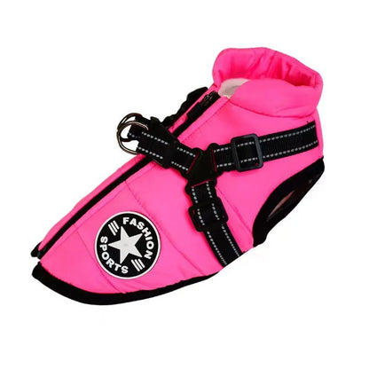 Red waterproof dog coat with built-in harness on a large dog, showing warm lining and sizing for winter.