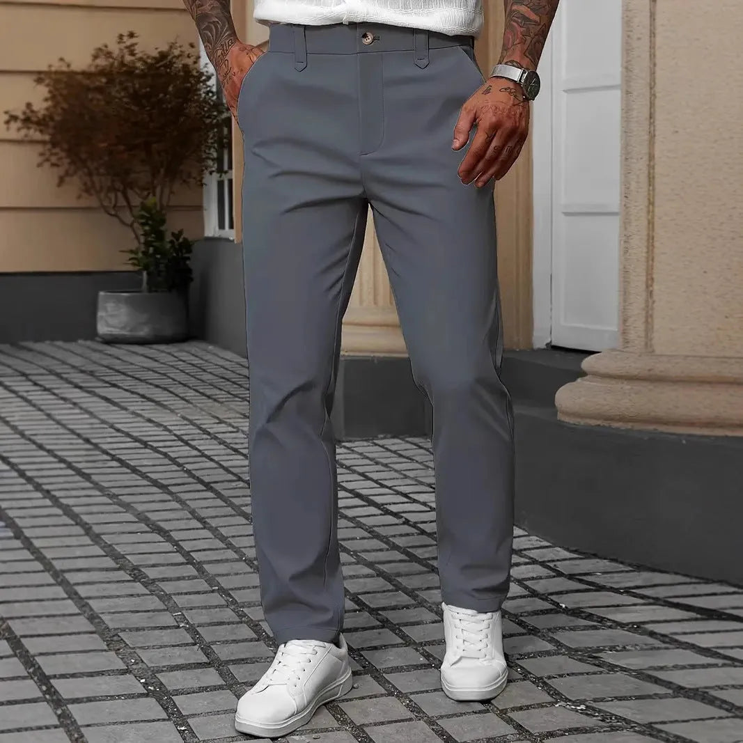 Men's straight leg light business trousers in polyester, shown in black, apricot, white, and grey colours.