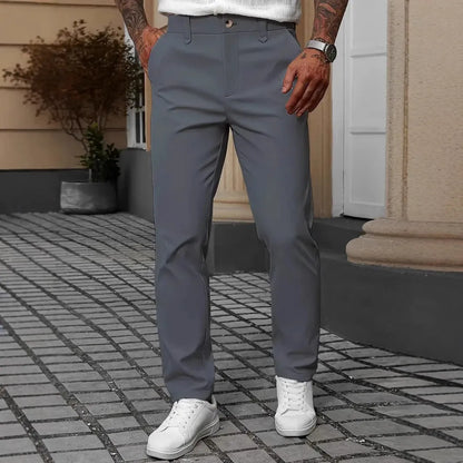 Men's straight leg light business trousers in polyester, shown in black, apricot, white, and grey colours.