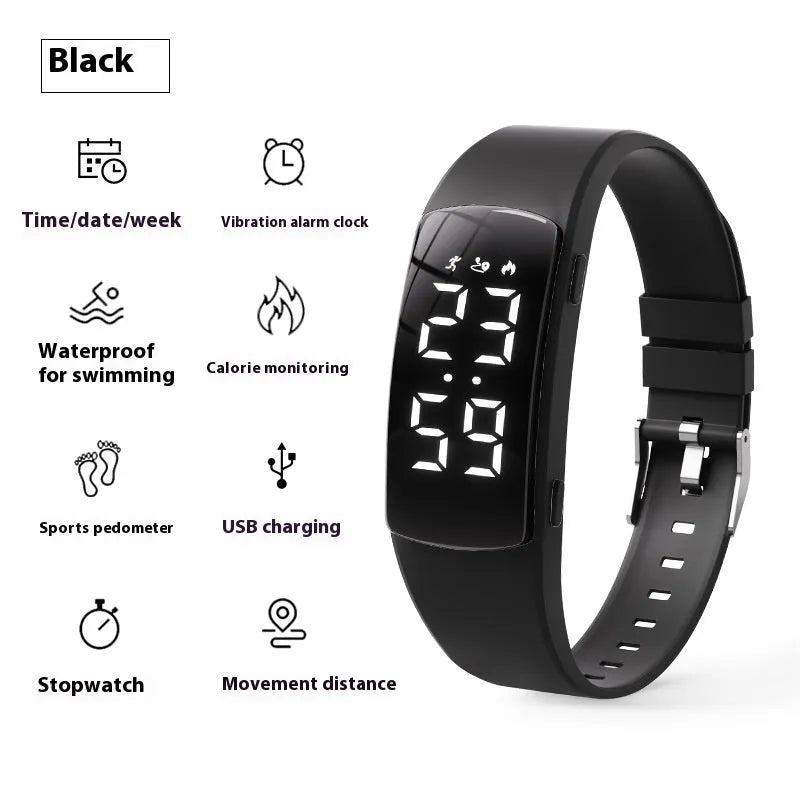 Smart electronic watch with vibration alarm on a silicone strap, showing LED display and 11mm thick case.