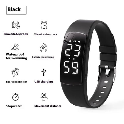 Smart electronic watch with vibration alarm on a silicone strap, showing LED display and 11mm thick case.