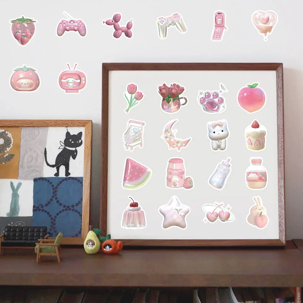 Pink girl heart 3D decorative stickers showing realistic dimensional effects and adhesive backing