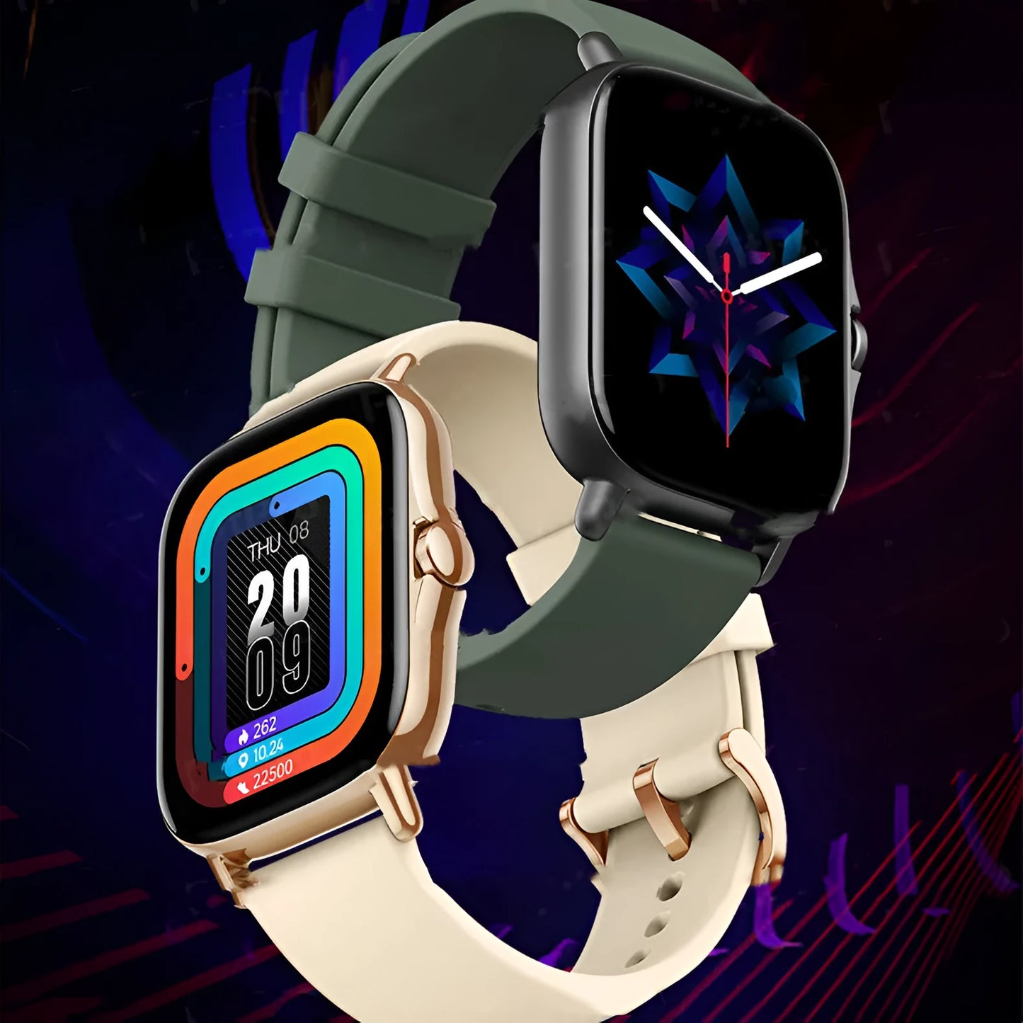 GT20 smartwatch with alloy case and silicone strap on a wrist, displaying heart rate data on its screen.