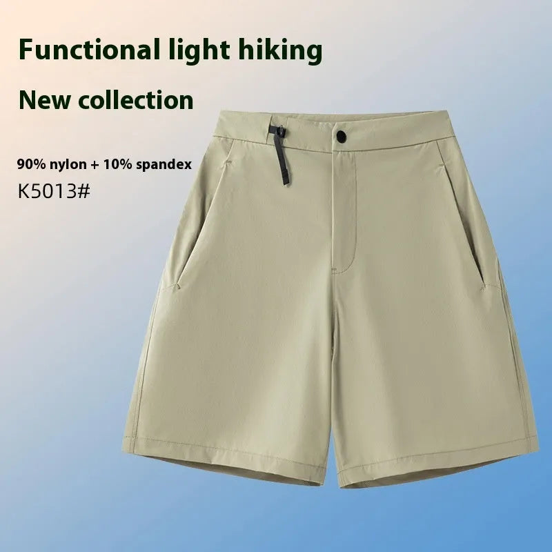 Men's khaki sports shorts with quick-drying fabric and elastic waist for running and climbing activities