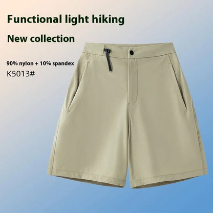 Men's khaki sports shorts with quick-drying fabric and elastic waist for running and climbing activities