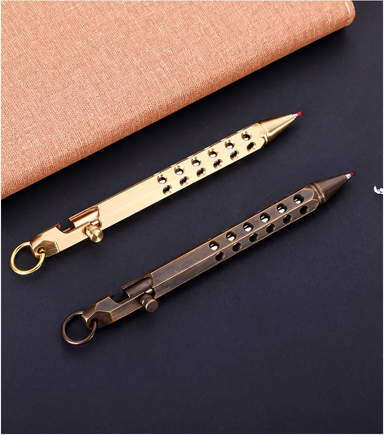 Brass hexagonal bolt pen with retro design showing 6-angle construction and 0.5mm writing tip