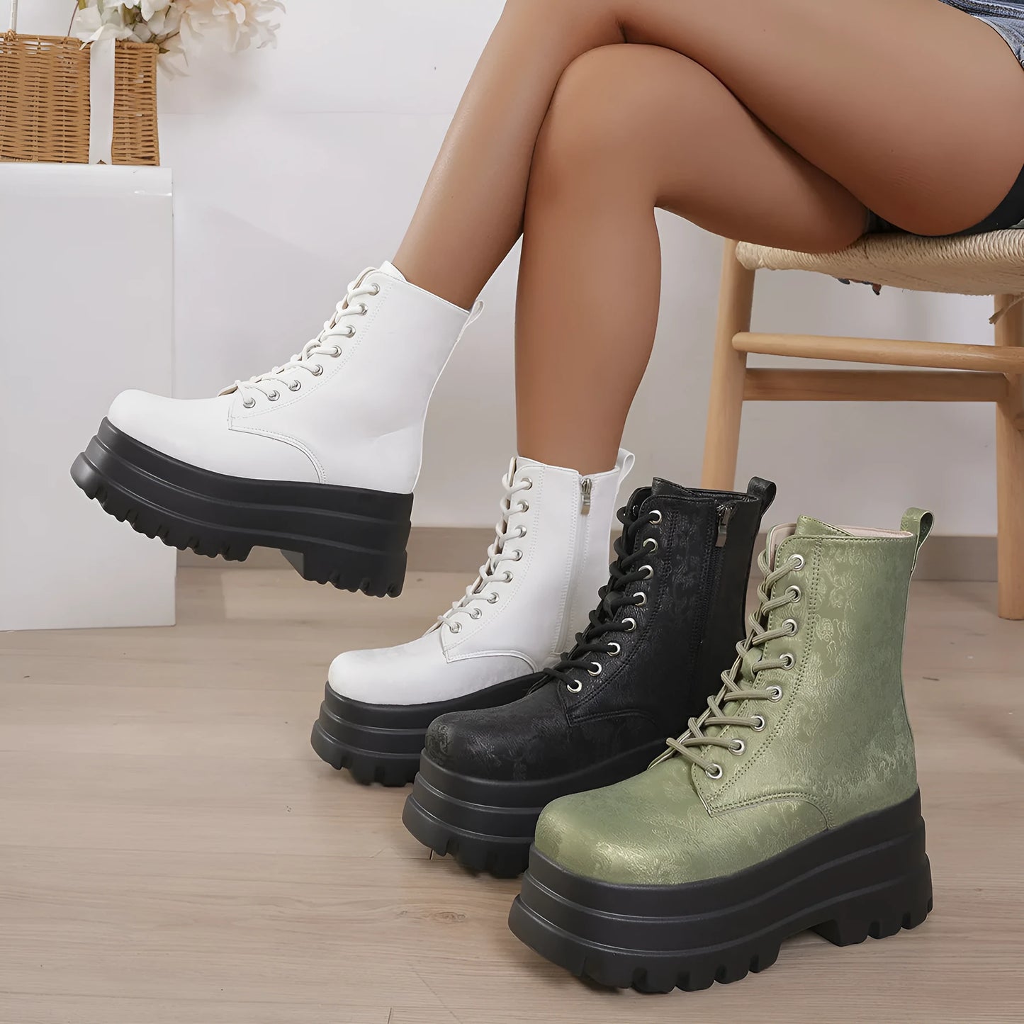 Women's white retro patchwork Martin boots with chunky heel and side zipper.