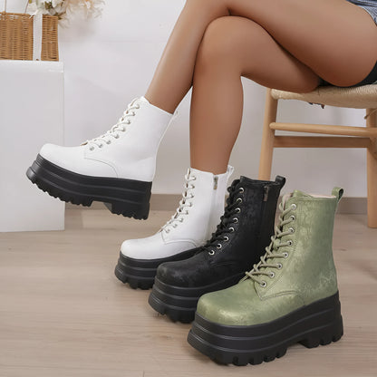 Women's white retro patchwork Martin boots with chunky heel and side zipper.