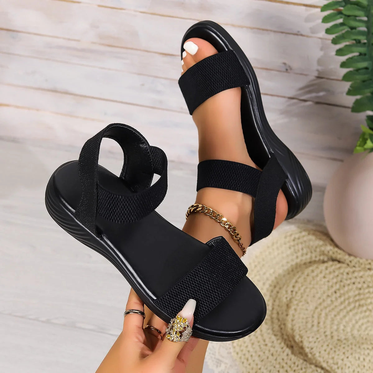 Women's colour-block elastic sandals with fish mouth toe design in white, black, and rainbow colours