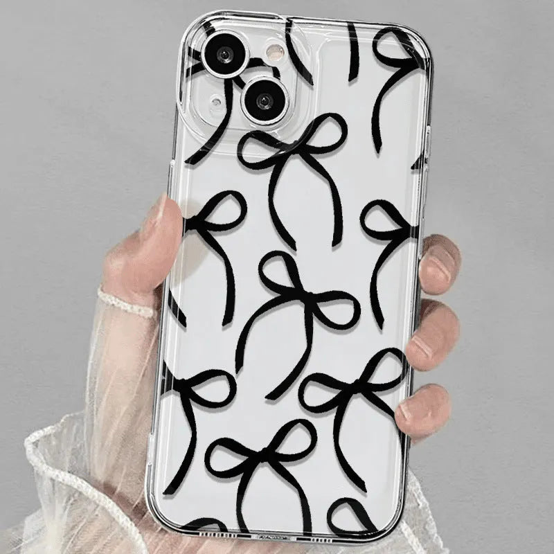 Black ribbon bow transparent soft TPU phone case for iPhone with anti-fall function and sprayed finish.