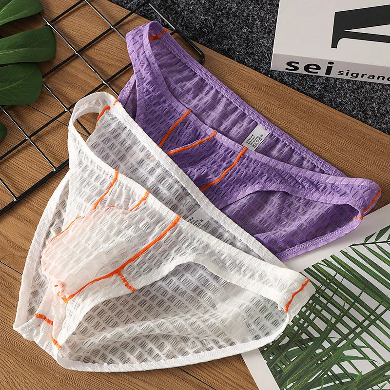 Men's low waist lace briefs in white, black, green, rose red, and light purple colours on size chart
