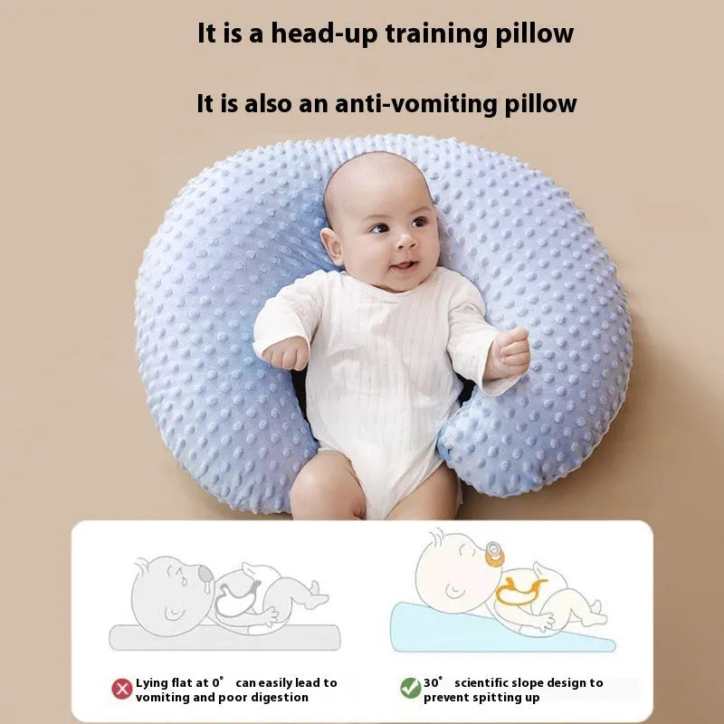 Nursing pillow with integrated milk spill guard in grey colour, showing 45-degree angle and 35cm width for baby support.