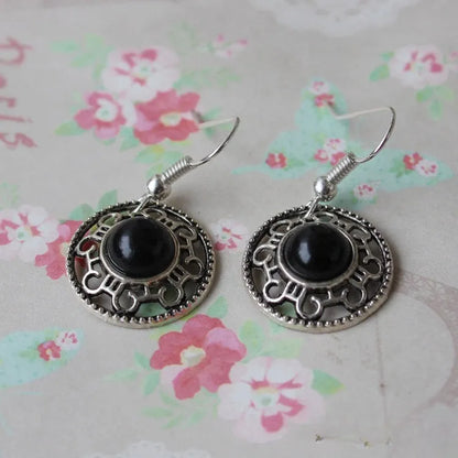 Handmade Miao silver turquoise earrings with geometry shape and totem patterns in black colour option