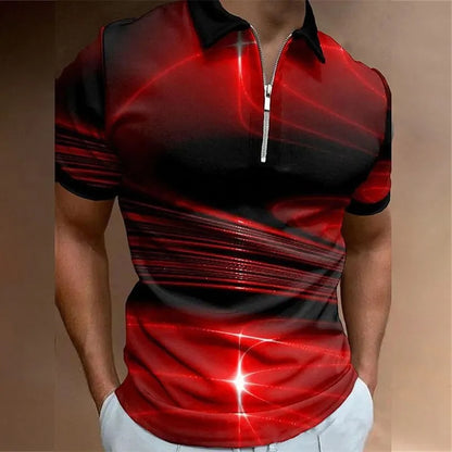 Men's blue short sleeve zip polo shirt with a loose fit, made from polyester bird eye cloth.