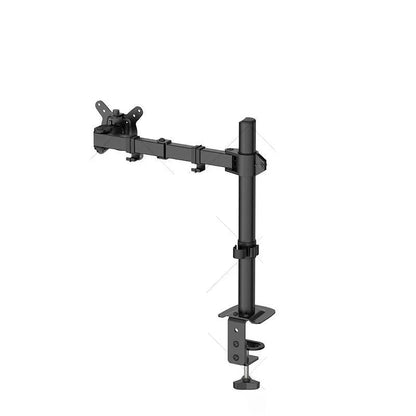 Silver computer monitor lifting rotating arm bracket mounted with a black screen on a desk