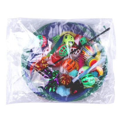 Plastic cat toy set with coloured tunnel channels and a ball for interactive indoor play.