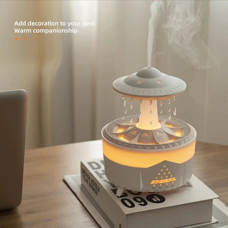 Relaxing cloud-shaped humidifier with raindrop sound, essential oil diffusion, and colorful lighting