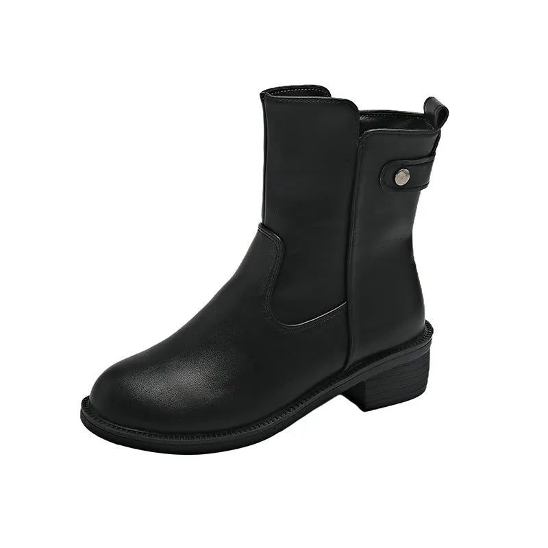 Black women's low heel boots with side zip and round toe design