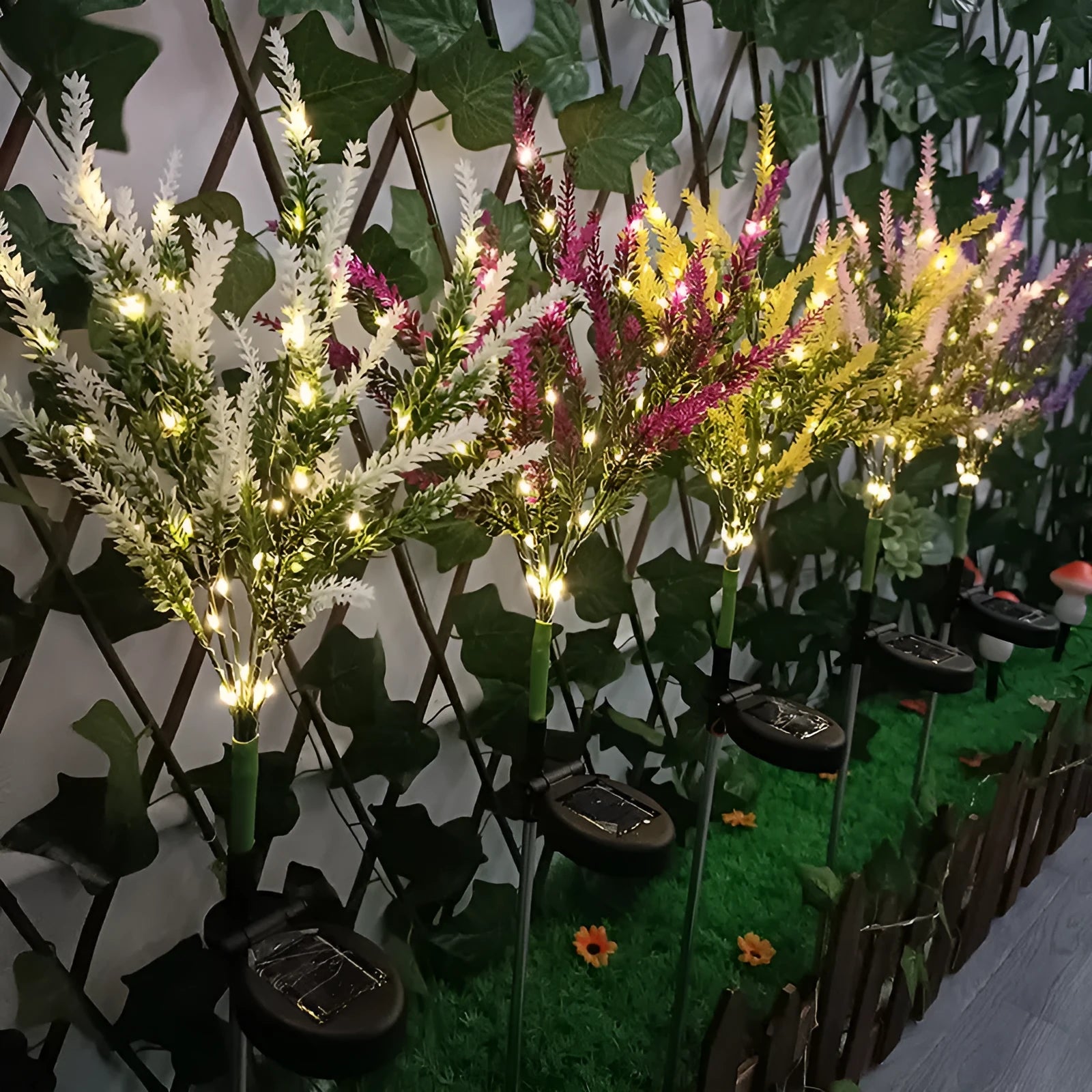 Solar garden LED floor lamp with flower shape, 74cm tall, in lavender colour option