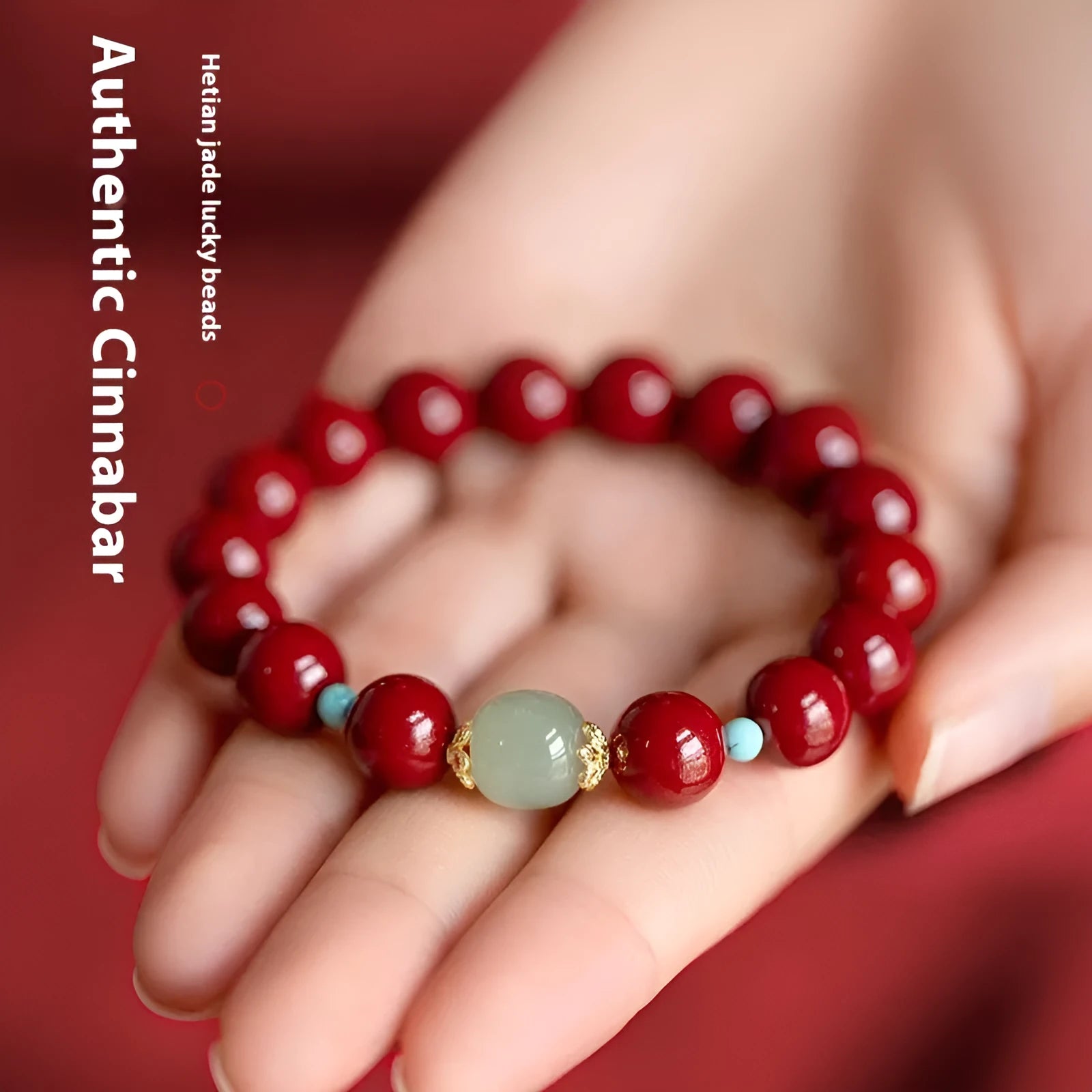 Purple Gold Sand cinnabar bracelet with geometric ellipse beads and a metal clasp on a wrist.