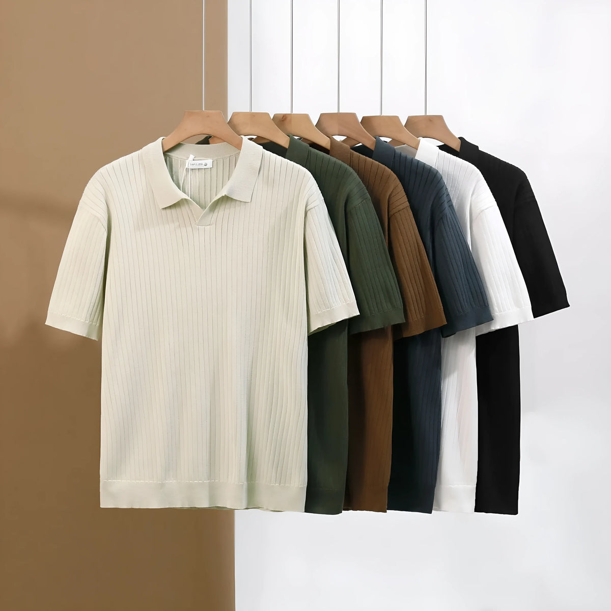 Striped jacquard sweater top and trousers set with American lapel and short sleeves, shown in black pants and brown top