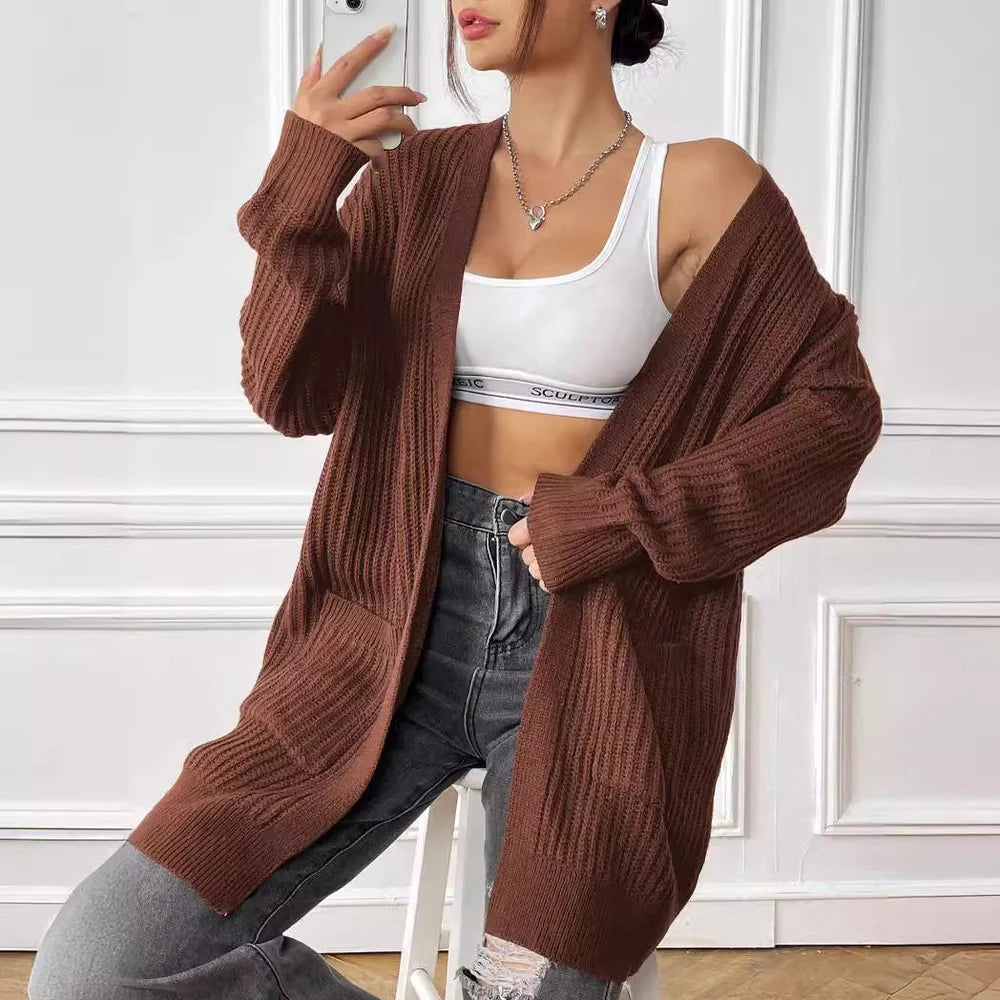 Women's dark green acrylic cardigan with two pockets and 65cm length
