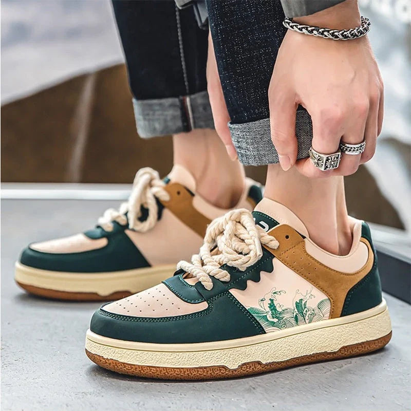 Comfortable lace-up casual shoes for men in various colors featuring soft, thick soles, breathable mesh lining, and stylish stitching details