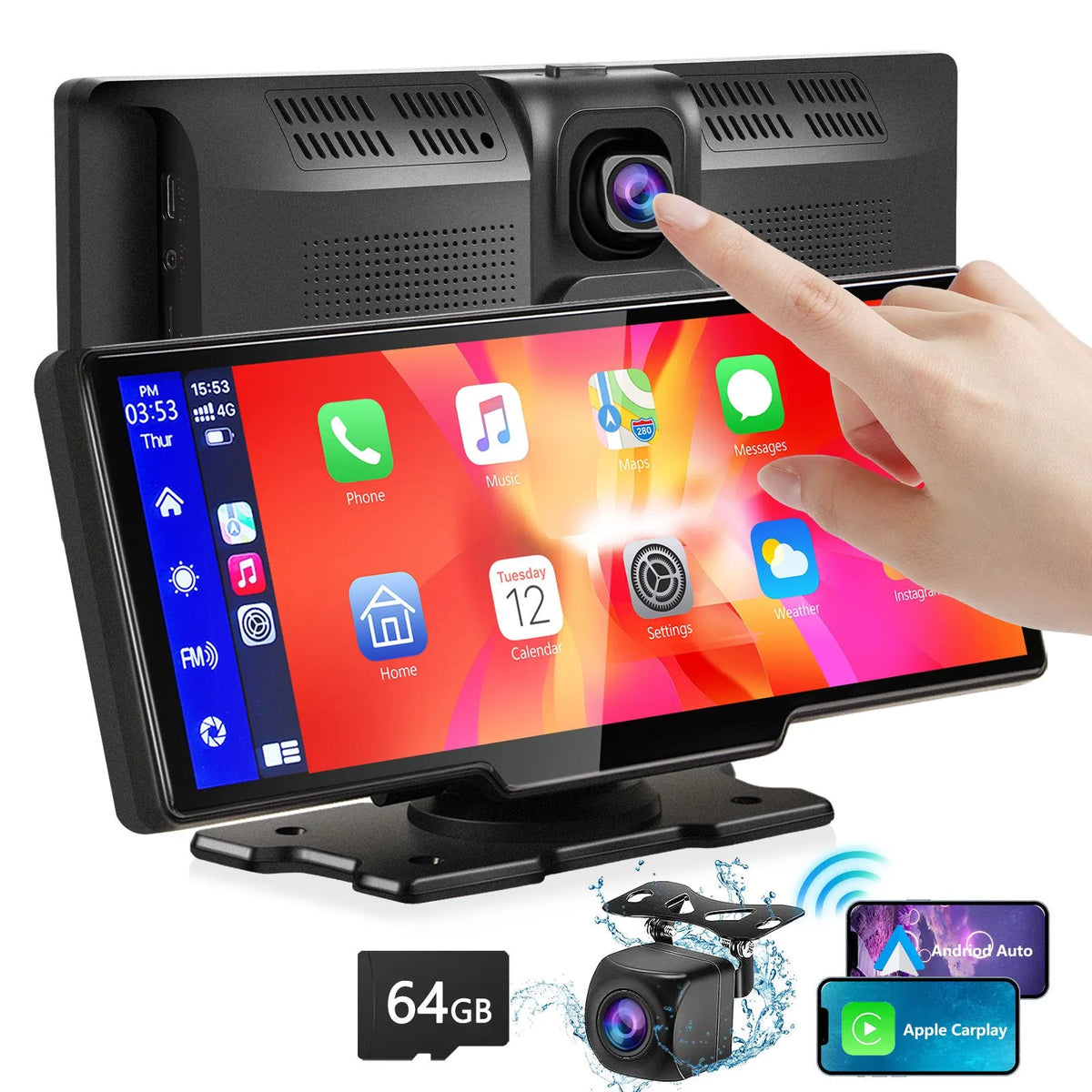 Black portable wireless CarPlay screen with 9.3-inch Ultra HD display, 2.5K front camera, and 1080P rear camera