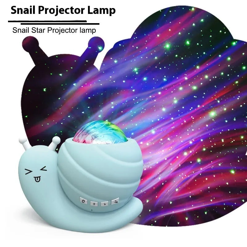 Snail-shaped starry sky projection lamp in blue with remote control on a table