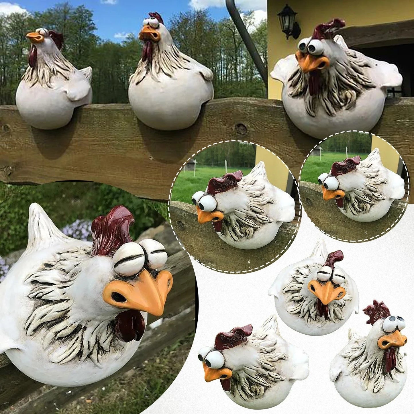 Resin chicken garden ornament with vibrant colours and charming design, adding whimsical appeal to outdoor British garden display