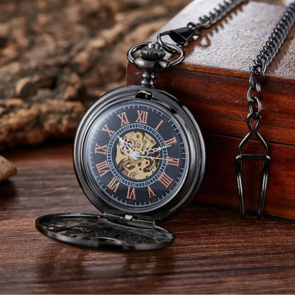 Retro mechanical pocket watch with floral print dial and transparent case back showing movement