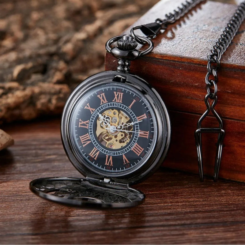 Retro hollow mechanical pocket watch featuring large floral print dial with a 40.5mm round case made from alloy, 13mm thickness, and transparent case back with thick strap buckle for casual everyday use in black, silver, or gold finish