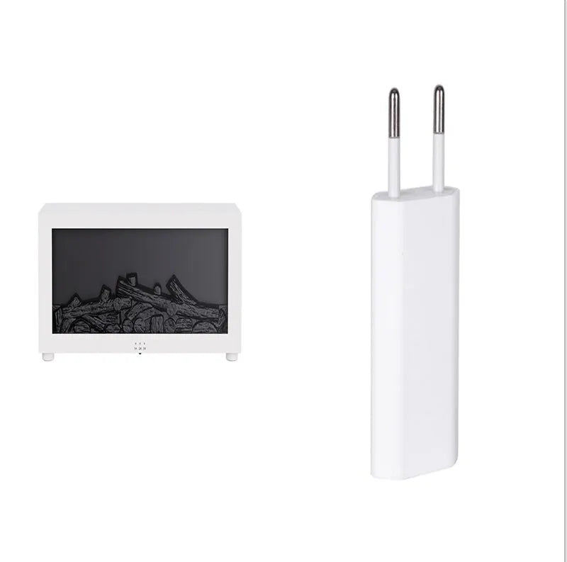 Square black flame essential oil diffuser with glowing 3D fire effect and coloured LED base lights.