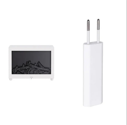 Square black flame essential oil diffuser with glowing 3D fire effect and coloured LED base lights.