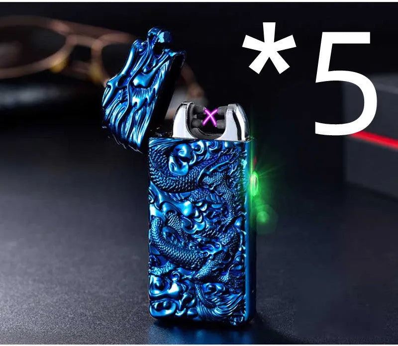 USB rechargeable windproof metal lighter with embossed arc design in multiple colour options
