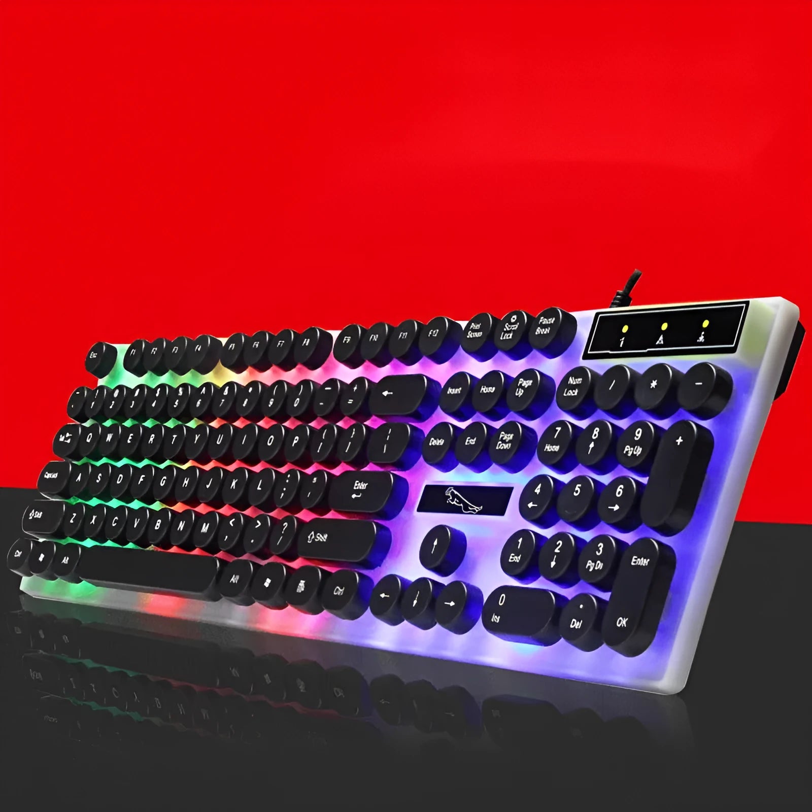 White waterproof gaming keyboard with RGB backlight and 104 keys on black desk