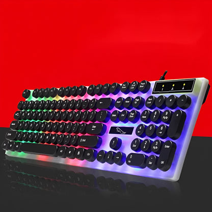 White waterproof gaming keyboard with RGB backlight and 104 keys on black desk