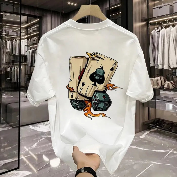 Men's printed heavy cotton T-shirt in black or white with short sleeves